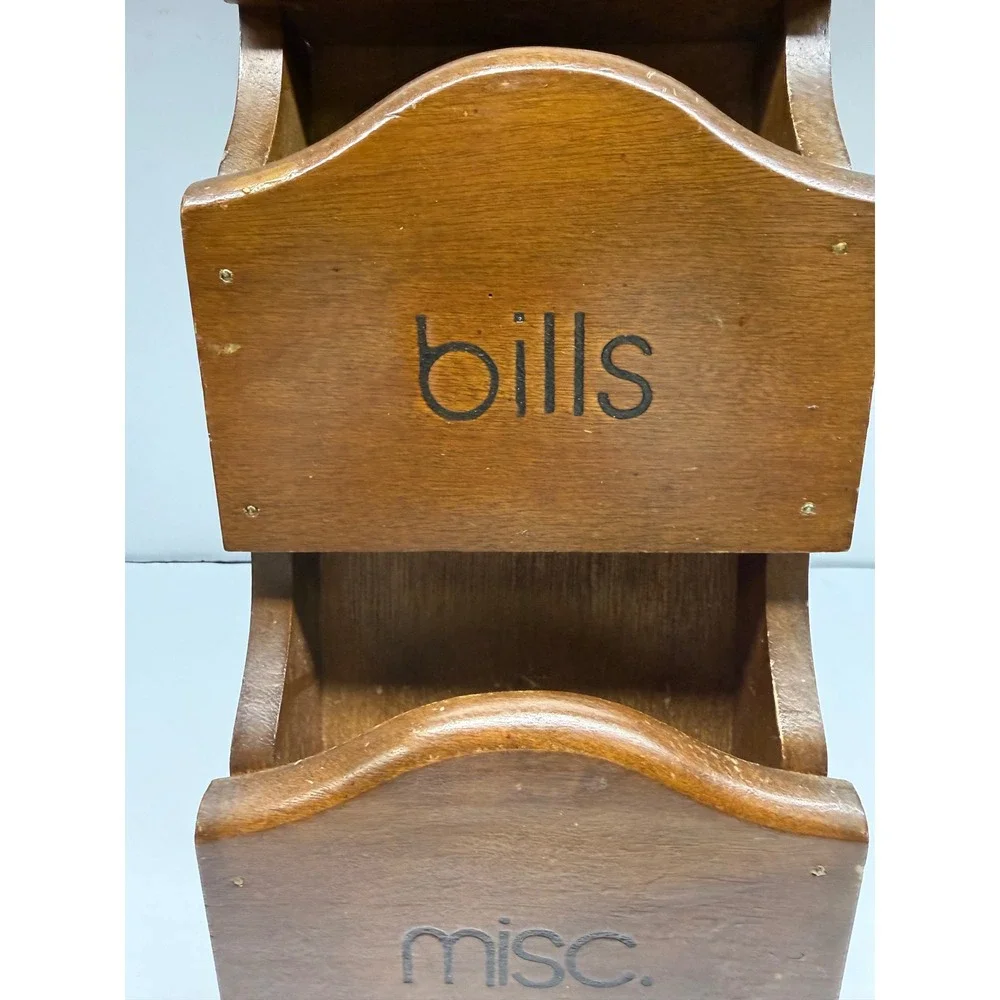 Vintage Wood Wall Mail Organizer 3 Tier Letter Bill Holder Key Hooks Brown